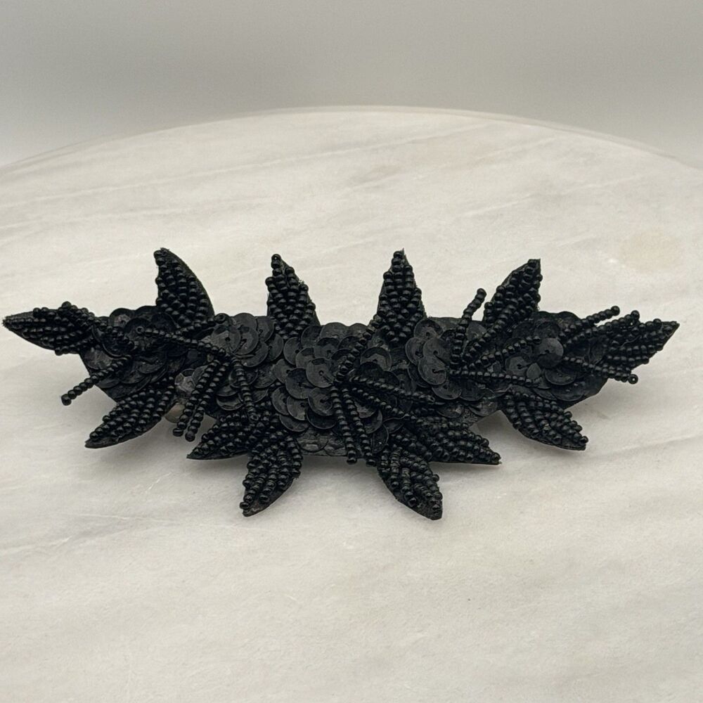 Vintage Black Beaded Sequin Hair Barrette Large 6" Floral Leaf Statement Clip